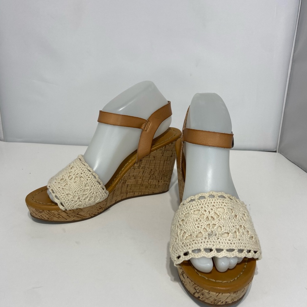 Cream and Brown Wedge Sandals with Crochet Upper and Ankle Strap